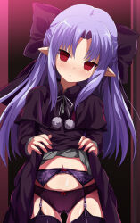 Rule 34 | 1girl, absurdres, black dress, black panties, black thighhighs, blue hair, blush, bow, cameltoe, cleft of venus, clothes lift, dress, dress lift, empty eyes, expressionless, garter belt, hair bow, highres, len (tsukihime), lifted by self, long hair, melty blood, navel, panties, pointy ears, red eyes, ribbon, shimejinameko, solo, thigh gap, thighhighs, tsukihime, underwear