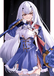 Rule 34 | 1girl, absurdres, black gloves, blood, blood on face, blue cape, blue dress, breasts, brown eyes, cape, dress, melusine (fate), melusine (second ascension) (fate), fate/grand order, fate (series), forked eyebrows, frills, gloves, highres, long hair, long sleeves, looking at viewer, shong, sidelocks, small breasts, thighhighs, thighs, torn clothes, weapon, white hair, white thighhighs