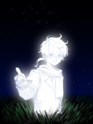 Rule 34 | 1boy, closed mouth, fingernails, formal, glowing, grass, highres, jacket, kimi ga shine, long hair, looking at viewer, low ponytail, midori (kimi ga shine), night, night sky, outdoors, scarf, sky, smile, solo, suit, tall grass, w5, wing collar