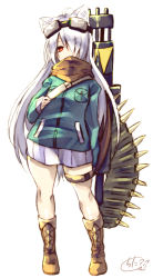 Rule 34 | 1girl, ahoge, animal ear fluff, animal ears, blue jacket, boots, brown footwear, brown scarf, chita (ketchup), commentary request, covered mouth, full body, gatling gun, goggles, goggles on head, hair over one eye, hand up, highres, jacket, long hair, long sleeves, minigun, original, scarf, signature, silver hair, simple background, sleeves past wrists, solo, standing, very long hair, weapon, weapon on back, white background