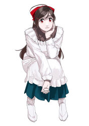 Rule 34 | 1girl, ahoge, apron, aqua skirt, brown hair, commentary request, hair between eyes, highres, kantai collection, long hair, long sleeves, looking at viewer, mamiya (kancolle), ojipon, parted lips, red eyes, simple background, sitting, skirt, socks, solo, tabi, white apron, white background, white socks