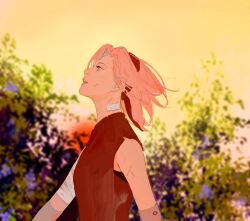 Rule 34 | 1girl, acabbage6, bandaged arm, bandages, bandaid, bandaid on neck, bare shoulders, breasts, elbow sleeve, facing to the side, hairband, haruno sakura, injury, looking up, medium breasts, medium hair, naruto (series), outdoors, parted bangs, parted lips, pink hair, red hairband, red shirt, shirt, sleeveless, sleeveless shirt, solo, upper body