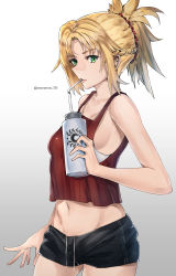 Rule 34 | 1girl, advarcher, armpits, bare arms, bare shoulders, black shorts, blonde hair, bottle, braid, breasts, cowboy shot, crop top, drawstring, drinking straw, fate/grand order, fate (series), gradient background, green eyes, groin, highres, holding, long hair, looking at viewer, midriff, mordred (fate), mordred (fate/apocrypha), navel, ponytail, red shirt, shirt, short shorts, shorts, sleeveless, sleeveless shirt, small breasts, solo