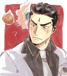 Rule 34 | 1boy, :/, ?, aizen (housamo), bara, black hair, blush, facial mark, forehead mark, formal, halo, halo behind head, hasegawa seimen, long sideburns, male focus, mature male, necktie, portrait, red eyes, short hair, sideburns, solo, suit, thick eyebrows, tokyo houkago summoners, upper body, v-shaped eyebrows
