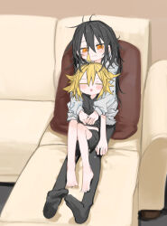 Rule 34 | 2girls, ahoge, barefoot, behind another, black hair, black pantyhose, black shirt, black shorts, blonde hair, blush, closed eyes, closed mouth, commentary request, couch, full body, grey hoodie, half-closed eyes, highres, hood, hood down, hoodie, hug, hug from behind, knees up, kokaki mumose, long sleeves, looking at viewer, messy hair, multiple girls, null-meta, on couch, open mouth, pantyhose, pillow, reclining, shirt, short sleeves, shorts, sitting, sitting on lap, sitting on person, smile, souen chiaki, uozumi kurumi, yellow eyes