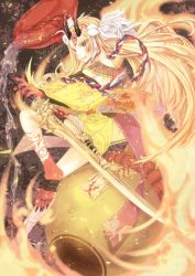 Rule 34 | 1girl, bare shoulders, blonde hair, claws, fate/grand order, fate (series), female focus, fire, floral print, highres, holding, holding sword, holding weapon, horns, ibaraki douji (fate), japanese clothes, kimono, long hair, off shoulder, oni, oni horns, short kimono, solo, standing, suguru1006, sword, weapon, wide sleeves, yellow eyes, yellow kimono