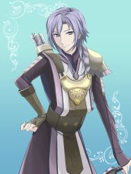 Rule 34 | 1boy, arrow (projectile), bad hands, bad proportions, blue background, bow (weapon), fingerless gloves, fire emblem, fire emblem echoes: shadows of valentia, gloves, highres, kakiko210, leon (fire emblem echoes), long hair, male focus, nintendo, poorly drawn, purple eyes, purple hair, quiver, single fingerless glove, single glove, solo, upper body, weapon