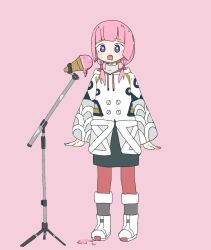 Rule 34 | 1girl, arms at sides, black skirt, blue eyes, blush, boots, collared jacket, full body, hair over shoulder, highres, ice cream cone, jacket, kaf (kamitsubaki studio), kamitsubaki studio, knee boots, long bangs, long sleeves, looking at viewer, low twintails, melting, microphone stand, open mouth, pantyhose, pink background, pink hair, red pantyhose, ringed eyes, sidelocks, simple background, skirt, solo, square mouth, sumi (qa5t4ii), twintails, white footwear, white jacket, yellow pupils