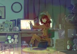 Rule 34 | 1girl, bad id, bad pixiv id, bag, blush, book, bottle, brown hair, chair, clock, computer, curtains, embarrassed, glasses, hat, highres, holding, laptop, looking at viewer, model, monitor, mouse (computer), moyashi (lpppp), nightcap, original, pajamas, pen, piggy bank, portrait, portrait (object), red eyes, sitting, solo, stereo, stuffed animal, stuffed rabbit, stuffed dog, stuffed frog, stuffed pig, stuffed toy, table, teddy bear, water bottle