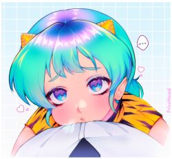 Rule 34 | ..., 1girl, aged up, alternate hairstyle, aqua hair, artist name, black necktie, blue eyes, blush, cheek bulge, commentary, cone horns, english commentary, eyeshadow, fricchead, head on chest, heart, highres, horns, hug, long hair, lum, makeup, multicolored eyes, necktie, oni, out of frame, pointy ears, portrait, pout, pov, print shirt, puff of air, purple eyes, shirt, sigh, sleeveless, solo focus, spoken ellipsis, tiger stripes, urusei yatsura, white shirt, yellow horns