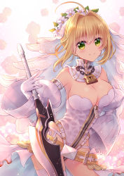Rule 34 | 10s, 1girl, aestus estus, ahoge, blonde hair, breasts, cleavage, closed mouth, cowboy shot, detached collar, detached sleeves, fate/extra, fate (series), flower, gloves, green eyes, hair flower, hair intakes, hair ornament, highres, holding, holding sword, holding weapon, large breasts, leotard, lock, looking at viewer, nero claudius (bride) (fate), nero claudius (bride) (second ascension) (fate), nero claudius (fate), nero claudius (fate) (all), padlock, sato ame, short hair, single thighhigh, smile, solo, sword, thighhighs, veil, weapon, white gloves, white leotard, white theme, zipper