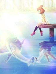 Rule 34 | 1girl, arm support, bianca (pokemon heroes), black socks, brown hair, closed eyes, closed mouth, commentary request, creatures (company), day, different reflection, dress, game freak, gen 3 pokemon, green shirt, highres, kneehighs, knees, latias, latios, legendary pokemon, medium hair, nintendo, outdoors, pokemon, pokemon (anime), pokemon (classic anime), pokemon heroes: latios &amp; latias, ponkotsu tanupon, reflection, shirt, shoes, short sleeves, sitting, socks, water, white dress