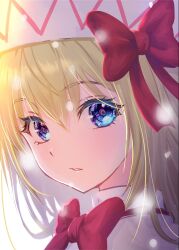 Rule 34 | 1girl, blonde hair, blue eyes, capelet, hair between eyes, hat, highres, lily white, long hair, looking at viewer, open mouth, portrait, shiroi karasu, simple background, solo, touhou, white background, white capelet