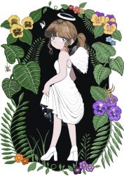 Rule 34 | 1girl, amamams, angel, angel wings, blue eyes, brown hair, bug, butterfly, dress, flower, framed, from behind, halo, high heels, highres, insect, leaf, looking at viewer, looking back, multicolored hair, original, pansy, plant, ponytail, skirt hold, spider, strapless, strapless dress, two-tone hair, white dress, wings