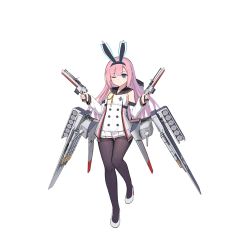 Rule 34 | 1girl, animal ears, black pantyhose, blue eyes, buttons, cannon, closed mouth, cross, detached sleeves, dress, dual wielding, full body, gun, hagi (ame hagi), hairband, hands up, holding, holding gun, holding weapon, iron cross, leg lift, long hair, looking at viewer, machinery, official art, one eye closed, pantyhose, pink hair, rabbit ears, remodel (warship girls r), sailor collar, shoes, sleeveless, sleeveless dress, thighband pantyhose, torpedo, transparent background, turret, warship girls r, weapon, white dress, white footwear, white sleeves, z17 diether von roeder (zhan jian shao nyu)