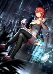 Rule 34 | 1girl, aircraft, artist name, bare shoulders, belt, black jacket, black shorts, black thighhighs, blue eyes, breasts, building, cat slippers, cleavage, clothes writing, comic, crossed legs, cup, evil genome, eyelashes, floor, glass, holding, holding cup, holding pen, hologram, honeycomb (pattern), indoors, jacket, light trail, looking at viewer, medium breasts, motion blur, mug, night, night sky, observerz, off shoulder, official art, open clothes, open jacket, orb, parted lips, pen, plant, print shirt, red hair, science fiction, shirt, short shorts, short sleeves, shorts, signature, sitting, skindentation, sky, skyscraper, slippers, smile, solo, suspender shorts, suspenders, tank top, thighhighs, tile floor, tiles, unzipped, white shirt