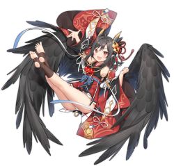 Rule 34 | 1girl, :d, ark order, armpits, bare shoulders, black hair, black kimono, black thighhighs, black wings, blush, clothing cutout, douya (233), fang, feather hair ornament, feathered wings, feathers, hair ornament, hair ribbon, japanese clothes, jewelry, kimono, long sleeves, magatama, magatama necklace, necklace, official art, open mouth, pointy ears, red eyes, red ribbon, ribbon, shoulder cutout, skin fang, smile, socks, solo, stirrup legwear, tachi-e, thighhighs, toeless legwear, transparent background, wide sleeves, wings, yatagarasu (ark order)