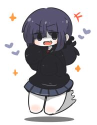 Rule 34 | +++, 1girl, :d, black hoodie, blush, commentary request, dissolving, eyes visible through hair, fang, grey skirt, hair over one eye, heart, highres, hood, hood down, hoodie, long hair, long sleeves, open mouth, original, pale skin, pleated skirt, purple eyes, purple hair, shadow, simple background, skirt, sleeves past fingers, sleeves past wrists, smile, solo, sparkle, uni souchou, v-shaped eyebrows, white background