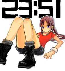 Rule 34 | 1girl, bad drawr id, bad id, bare legs, black footwear, black shorts, blue eyes, boots, bracelet, brown hair, character request, copyright request, grey socks, jewelry, knees up, long hair, looking at viewer, lying, megamegaglass, oekaki, on back, ponytail, red shirt, shirt, short sleeves, shorts, simple background, socks, solo, timestamp, white background