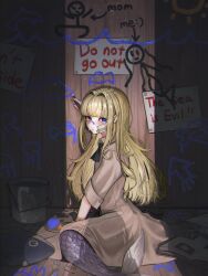 Rule 34 | 1girl, absurdres, amamiya art, blonde hair, blue eyes, blush, book, bucket, clenched hand, coat, english text, hair in own mouth, hair intakes, highres, holding, holding paintbrush, jellyfish, long hair, lying, mermaid, monster girl, original, paint splatter, paint splatter on face, paintbrush, palette (object), pointy ears, sign, stuffed toy, tears