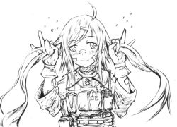 Rule 34 | 1girl, bad id, bad pixiv id, bae.c, bandaid, boyogo, gloves, greyscale, holding, holding hair, long hair, looking at viewer, military, monochrome, original, smile, solo, twintails, walkie-talkie