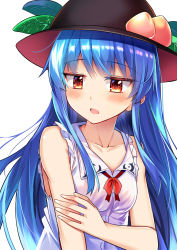 Rule 34 | 1girl, adapted costume, arm grab, bare arms, bare shoulders, black headwear, blue hair, blush, breasts, collarbone, commentary request, e.o., food, frilled shirt collar, frills, fruit, highres, hinanawi tenshi, leaf, long hair, neck ribbon, open mouth, peach, red eyes, red ribbon, ribbon, shirt, simple background, sleeveless, sleeveless shirt, small breasts, solo, touhou, upper body, white background, white shirt