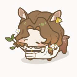 Rule 34 | 1girl, animal ears, animated, animated gif, belt, black belt, blush, branch, brown hair, centauroid, chibi, chinese commentary, closed eyes, closed mouth, commentary request, deer ears, deer girl, dress, ear tag, eating, flower, full body, hair flower, hair ornament, holding, holding branch, jessica (reverse:1999), leaf, looping animation, lowres, parted bangs, reverse:1999, shengye sang, simple background, solo, taur, white background, white dress, white flower