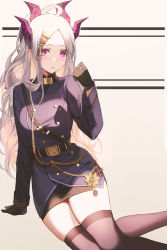Rule 34 | 1girl, aiguillette, ame 816, arm support, beige background, belt, black gloves, black skirt, black thighhighs, blue archive, blue jacket, buttons, closed mouth, commentary, double-breasted, gloves, hair ornament, hand up, highres, hina (blue archive), horns, jacket, long hair, long sleeves, medal, pink eyes, sam browne belt, silver hair, sitting, skirt, solo, striped, striped background, thighhighs, zettai ryouiki