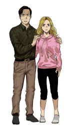 Rule 34 | 1boy, 1girl, absurdres, animification, belt, better call saul, blonde hair, breaking bad, couple, full body, green shirt, hands on another&#039;s shoulders, highres, kim wexler, ma2 ereki, pants, pink sweater, saul goodman, scared, shirt, shoes, surprised, sweat, sweater, track pants