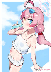 Rule 34 | 1girl, absurdres, ahoge, bikini, blue-tinted eyewear, blue archive, blue eyes, blush, breasts, commentary request, cowboy shot, dutch angle, eyewear on head, food, frilled bikini, frills, hair bobbles, hair ornament, halo, heterochromia, highres, holding, holding food, holding ice cream, hoshino (blue archive), hoshino (swimsuit) (blue archive), ice cream, korean commentary, leonat, looking at viewer, low twintails, mixed-language commentary, navel, official alternate costume, paid reward available, pink hair, pink halo, pixiv id, small breasts, solo, sunglasses, sweat, swimsuit, tinted eyewear, twintails, twitter username, variant set, white-framed eyewear, white bikini, yellow eyes