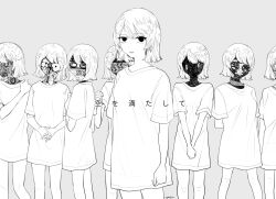 Rule 34 | 6+girls, arms at sides, arms behind back, blunt ends, clone, closed mouth, covered face, expressionless, facing viewer, feet out of frame, from side, gitefusu, greyscale, hand on own shoulder, hand up, highres, interlocked fingers, kuu wo mitashite, looking at viewer, monochrome, multiple girls, own hands together, photo inset, shirt, short hair, short sleeves, simple background, solid eyes, standing, swept bangs, t-shirt, twitter username