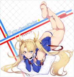 Rule 34 | 1girl, ass, azusa (hws), bare legs, bare shoulders, barefoot, blonde hair, blue eyes, blush, bradamante (fate), bradamante (first ascension) (fate), braid, breasts, cleavage, duplicate, elbow gloves, fate/grand order, fate (series), feet, french braid, gloves, hair between eyes, head on hand, head rest, leotard, long hair, looking at viewer, lying, medium breasts, on stomach, pillow, sidelocks, smile, soles, solo, the pose, thigh strap, thighs, toes, twintails, very long hair