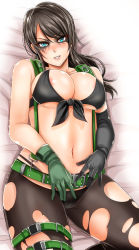 Rule 34 | 1girl, aqua eyes, areola slip, bad id, bad pixiv id, bare shoulders, belt, black gloves, black hair, black panties, black pantyhose, blush, breasts, cameltoe, commentary request, elbow gloves, female focus, gloves, inu (marukome), large breasts, long hair, looking at viewer, lying, metal gear (series), metal gear solid v: the phantom pain, midriff, navel, no bra, no pants, on back, panties, pantyhose, parted lips, quiet (metal gear), shirt, solo, suspenders, tied shirt, torn clothes, torn pantyhose, underboob, underwear