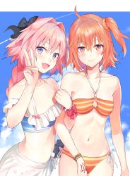 Rule 34 | 1boy, 1girl, ahoge, astolfo (fate), astolfo (sparkling frills) (fate), bad id, bad pixiv id, bandeau, bare shoulders, bead bracelet, beads, bikini, black bow, blue bikini, blue sky, blush, bow, bracelet, braid, breasts, cleavage, collarbone, command spell, day, fang, fate/apocrypha, fate/extella, fate/extella link, fate/extra, fate/grand order, fate (series), frills, fujimaru ritsuka (female), fujimaru ritsuka (female) (brilliant summer), hair between eyes, hair bow, hair intakes, hair ornament, hair scrunchie, halterneck, hand gesture, highres, hip focus, jewelry, long hair, looking at viewer, multicolored hair, nanotaro, navel, o-ring, o-ring bikini, off-shoulder bikini, off shoulder, official alternate costume, open mouth, orange bikini, orange eyes, orange hair, orange scrunchie, pink hair, purple eyes, sarong, scrunchie, short hair, side-tie bikini bottom, side ponytail, skin fang, sky, small breasts, smile, stomach, streaked hair, striped bikini, striped bikini top, striped clothes, swimsuit, trap, v