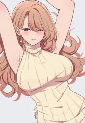 Rule 34 | 1girl, armpits, arms up, artist name, blush, breasts, brown hair, closed mouth, commentary, english commentary, forehead, hair behind ear, hair spread out, highres, large breasts, lips, long hair, looking at viewer, lying, mature female, one eye closed, oshi no ko, parted bangs, red eyes, red lips, reia 76, ribbed sweater, saitou miyako, simple background, sleeveless, sleeveless turtleneck, solo, sweater, turtleneck, turtleneck sweater, twitter username, upper body, white background
