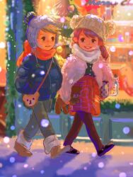 Rule 34 | 1boy, 1girl, bag, blonde hair, blue coat, brown footwear, brown hair, candy, candy cane, child, christmas, coat, food, handbag, highres, holding, holding stuffed toy, knit hat, long hair, merry christmas, original, outdoors, pupe (sennbee1027), red scarf, red skirt, scarf, shadow, skirt, smile, snow, snowing, stuffed animal, stuffed toy, teddy bear, toy, walking, white scarf