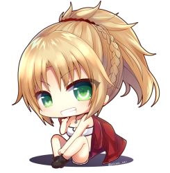 Rule 34 | 1girl, bandeau, bare shoulders, black footwear, blonde hair, blue shorts, blush, boots, braid, breasts, chibi, cleavage, commentary request, cutoffs, denim, denim shorts, fate/apocrypha, fate/grand order, fate (series), green eyes, grin, head tilt, high ponytail, holding, holding clothes, holding jacket, jacket, unworn jacket, looking at viewer, medium breasts, mordred (fate), mordred (fate/apocrypha), mordred (memories at trifas) (fate), parted bangs, ponytail, red jacket, short shorts, shorts, sitting, smile, solo, twitter username, v-shaped eyebrows, white background, white bandeau, yukiyuki 441
