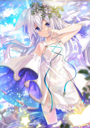 Rule 34 | 1girl, bare arms, bare shoulders, blue eyes, blue flower, blue ribbon, breasts, collarbone, commentary request, day, dress, flower, frilled dress, frills, glowing, hair between eyes, hair flower, hair ornament, highres, long hair, moe2020, nyori, original, outdoors, pink flower, ribbon, rose, sleeveless, sleeveless dress, small breasts, solo, standing, star (symbol), very long hair, wading, water, white dress, white flower, white hair, white rose