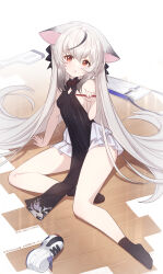 Rule 34 | 1girl, absurdres, animal ears, areola slip, arm support, bag, bare shoulders, black dress, black socks, blue archive, breasts, covered navel, dress, fanbox username, full body, grey hair, gun, highres, holding, holding pen, holding pencil, kokona (blue archive), long hair, looking at viewer, multicolored hair, no shoes, open mouth, pelvic curtain, pen, pencil, red eyes, shoes, unworn shoes, sitting, sleeveless, sleeveless dress, small breasts, socks, solo, streaked hair, twitter username, very long hair, weapon, yellowpaint., yokozuwari
