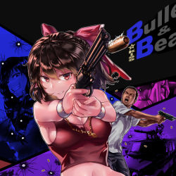 Rule 34 | 1boy, 1girl, alice margatroid, alternate costume, black hair, black pants, bow, breasts, brown hair, bullet, bullet hole, chain, chain necklace, clenched teeth, closed eyes, cookie (touhou), cowboy shot, firing, gatling gun, gun, hair between eyes, hair bow, hakurei reimu, handgun, holding, holding gun, holding weapon, jewelry, large breasts, looking at viewer, looking to the side, manatsu no yo no inmu, megafaiarou (talonflame 810), minigun, necklace, open mouth, pants, patchouli knowledge, pistol, red bow, red eyes, red shirt, remilia scarlet, reu (cookie), revolver, sakura (cookie), sakuranbou (cookie), shell casing, shirt, short hair, sideboob, smile, t-shirt, taisa (cookie), tank top, teeth, touhou, upper body, very short hair, weapon, white shirt, yajuu senpai