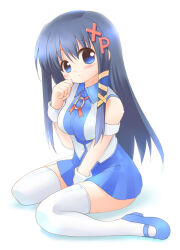 Rule 34 | 1girl, between legs, black hair, black skirt, blue eyes, blue footwear, blue shirt, blush, breasts, closed mouth, collared shirt, commentary request, emurin, expressionless, full body, hair ribbon, hand between legs, letter hair ornament, long hair, looking at viewer, mary janes, medium breasts, os-tan, ribbon, shirt, shoes, sidelocks, simple background, sitting, skirt, sleeveless, sleeveless shirt, solo, thighhighs, two-tone shirt, wariza, white background, white shirt, white thighhighs, wrist cuffs, xp-tan, yellow ribbon