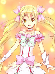 Rule 34 | 1girl, blonde hair, bow, choker, collar, collarbone, cure echo, dress, earrings, hair bow, hair ornament, heart, jewelry, long hair, looking at viewer, magical girl, maruki (punchiki), open mouth, precure, precure all stars new stage: mirai no tomodachi, sakagami ayumi, solo, star (symbol), twintails, upper body, waist bow, white choker, yellow eyes