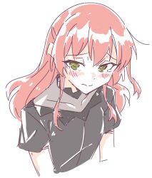Rule 34 | 1girl, black shirt, blush, bocchi the rock!, closed mouth, covered collarbone, cropped torso, e20, green eyes, kita ikuyo, long hair, one side up, red hair, shirt, short sleeves, simple background, solo, tears, upper body, white background