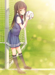 Rule 34 | 1girl, 2014 fifa world cup, bad id, bad pixiv id, ball, brazuca, brown eyes, brown hair, grass, highres, looking at viewer, original, ribbon, school uniform, shuuichi, smile, soccer, soccer ball, solo, world cup