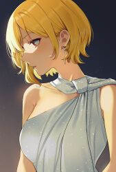 Rule 34 | 1girl, alternate costume, bare shoulders, blonde hair, breasts, collarbone, dress, earrings, hievasp, highres, hololive, hololive indonesia, jewelry, kaela kovalskia, medium breasts, medium hair, parted lips, red eyes, short hair, solo, standing, virtual youtuber