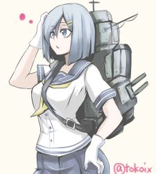 Rule 34 | 10s, 1girl, bad id, bad pixiv id, blue eyes, blue hair, bob cut, breasts, gloves, hair ornament, hairclip, hamakaze (kancolle), hand on own head, hand on own hip, kantai collection, large breasts, machinery, matching hair/eyes, pleated skirt, school uniform, serafuku, simple background, skirt, solo, thinking, tokoi, twitter username