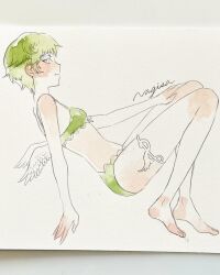 Rule 34 | 1girl, angel wings, artist name, bare arms, bare legs, barefoot, bikini, blush, closed mouth, feathered wings, feet, full body, green bikini, green hair, highres, knees up, lace, lace-trimmed bikini, lace trim, legs, looking at viewer, looking to the side, non-web source, original, painting (medium), photo (medium), profile, short hair, signature, simple background, solo, srnmomo, swimsuit, thighlet, toes, traditional media, watercolor (medium), white background, white eyes, white wings, wings