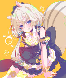 Rule 34 | 1girl, animal ears, apron, arms at sides, assault lily, back bow, black apron, black bow, black dress, blue bow, blue eyes, blush, bow, bowtie, breasts, brown hair, cleavage, closed mouth, commentary request, detached sleeves, dress, feet out of frame, flower (symbol), frilled apron, frills, hair bow, heart, highres, kemonomimi mode, layered dress, looking at viewer, low twintails, maid headdress, medium breasts, naridon, nut (food), official alternate costume, puffy detached sleeves, puffy short sleeves, puffy sleeves, raised eyebrows, shiozaki suzume, short sleeves, simple background, sitting, sleeve bow, sleeveless, sleeveless dress, solo, squirrel ears, squirrel girl, squirrel tail, tail, thighhighs, twintails, two-tone dress, waist apron, white bow, white bowtie, white dress, white hair, white thighhighs, wrist cuffs, yellow background