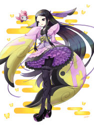Rule 34 | 10s, 1girl, :d, black eyes, black footwear, black hair, black pantyhose, bug, butterfly, creatures (company), dress, floral print, frilled kimono, frills, full body, furisode, game freak, gen 6 pokemon, gym leader, hair ornament, hand to own mouth, high heels, highres, insect, japanese clothes, kimono, long hair, long sleeves, looking at viewer, nekomissile, nintendo, obi, open mouth, pantyhose, petticoat, platform footwear, platform heels, pokemon, pokemon (creature), pokemon xy, purple eyes, sash, shoes, short kimono, short yukata, sidelocks, simple background, sleeves past wrists, smile, spritzee, standing, thighhighs, valerie (pokemon), very long hair, white background, wide sleeves, yukata