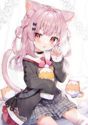 Rule 34 | 1girl, animal ear fluff, animal ears, black bow, black jacket, blush, bow, braid, cat ears, cat girl, cat tail, claw pose, commentary request, fang, feet out of frame, flower, grey skirt, hair bow, hand up, highres, jacket, long hair, long sleeves, looking at viewer, open clothes, open jacket, open mouth, original, pink hair, plaid, plaid skirt, pleated skirt, red hair, rose, school uniform, serafuku, sitting, skirt, sleeves past fingers, sleeves past wrists, solo, striped, tail, toufu mentaru zabuton, white flower, white rose